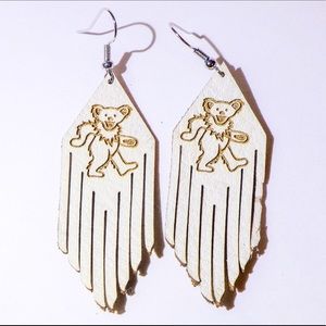 Handmade recycled leather dancing bear earrings